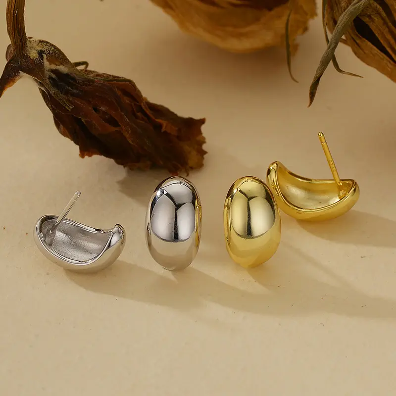 Chunky Teardrop Stud Earrings in 925 Sterling Silver – Minimalist Water Drop Post Earrings (18K Gold & White Gold Finish)