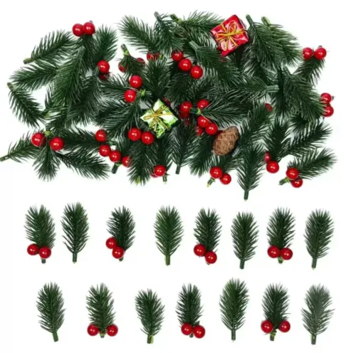Artificial Christmas Pine Needle Picks with Red Berries and Pine Cones - Festive Winter Greenery Stems for Wreaths, Trees, and DIY Holiday Decor