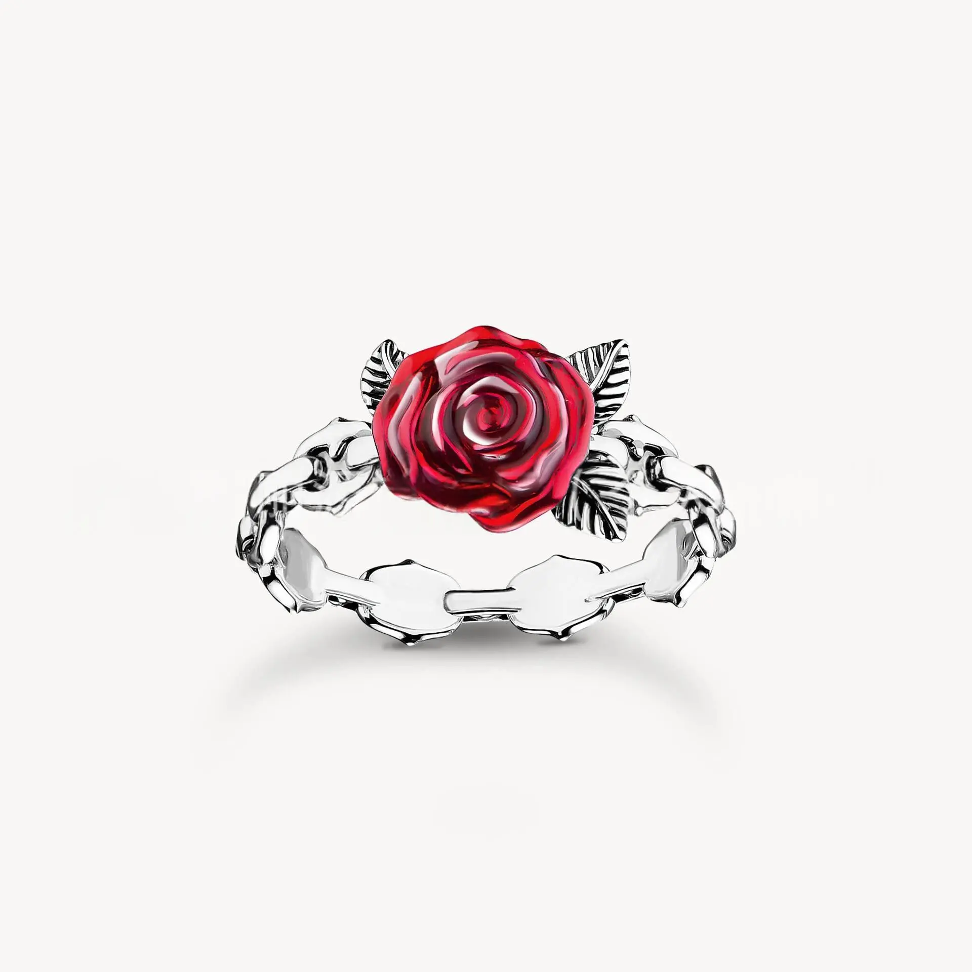 Minimalist Geometric Rose & Leaf Ring – Elegant Silver-Plated Nature Statement Band