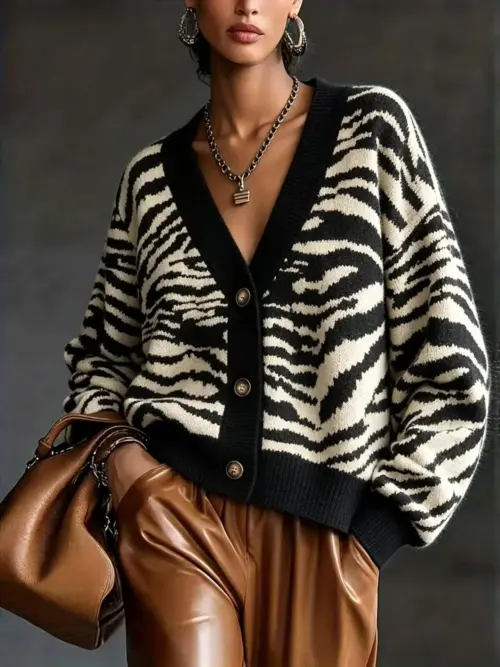 Women's Zebra Striped Knit Cardigan - Oversized Button-Down Fall Winter Sweater