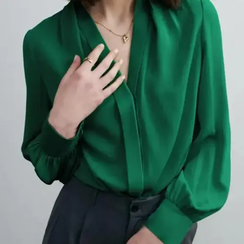 Women's Casual Loose-Fit Long Sleeve Shirt - Chic Solid Green Button-Down Blouse