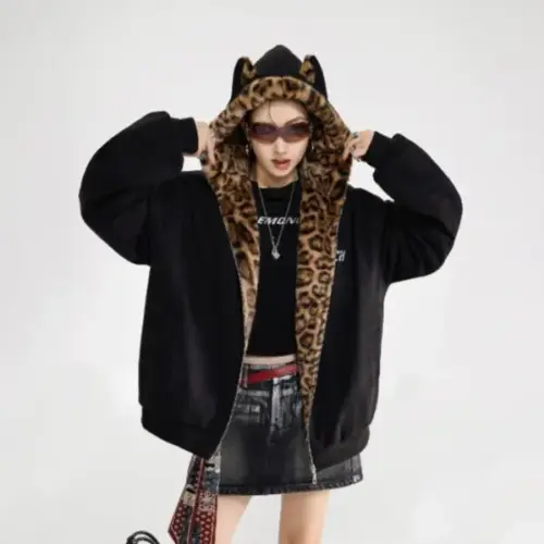 Women's Cute Cat-Ear Hooded Leopard Print Puffer Jacket – Thickened Winter Padded Coat