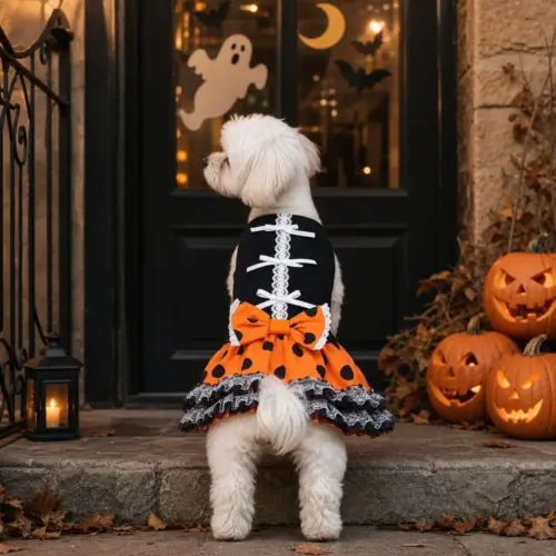 Halloween Dog Tutu Dress – Cute Orange & Black Polka Dot Lace Bow Puppy Costume for Small and Medium Dogs