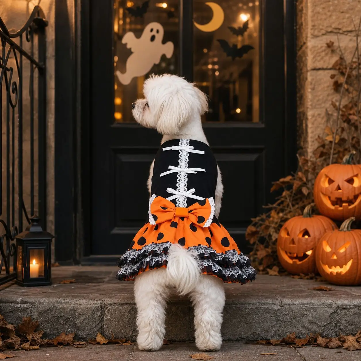 Halloween Dog Tutu Dress – Cute Orange & Black Polka Dot Lace Bow Puppy Costume for Small and Medium Dogs