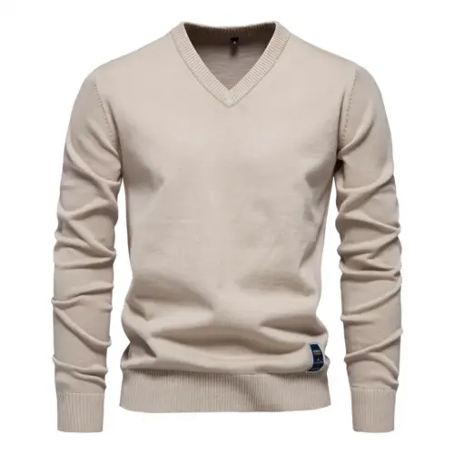 Men's Classic Cotton V-Neck Sweater - Casual Autumn & Winter Solid Knit Pullover
