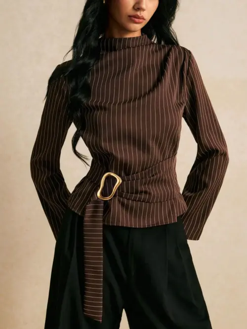 Women's Retro Striped Mock Neck Blouse with Metal Lace-Up Accents and Flared Horn Sleeves