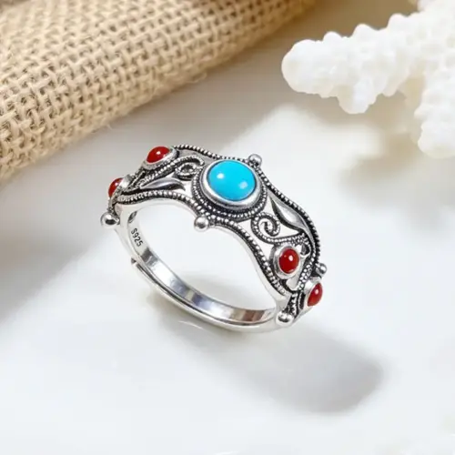 Vintage S925 Sterling Silver Turquoise & Southern Red Agate Ring – Bohemian Filigree Adjustable Open Ring for Women