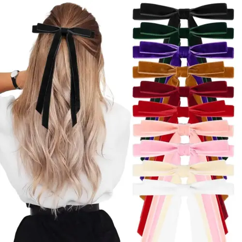 Elegant Handmade Velvet Bow Hair Clip with Long Ribbons – Romantic Holiday & Everyday Hair Accessory for Women