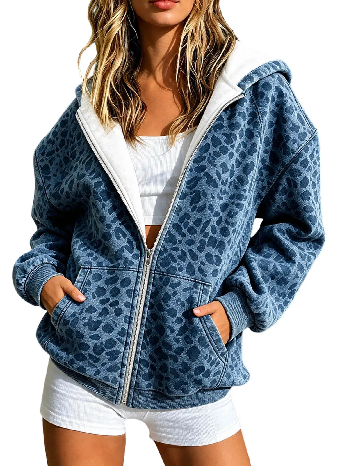 Women's Leopard Print Zip-Up Hoodie Jacket | Loose Fit Casual Long Sleeve Sweatshirt