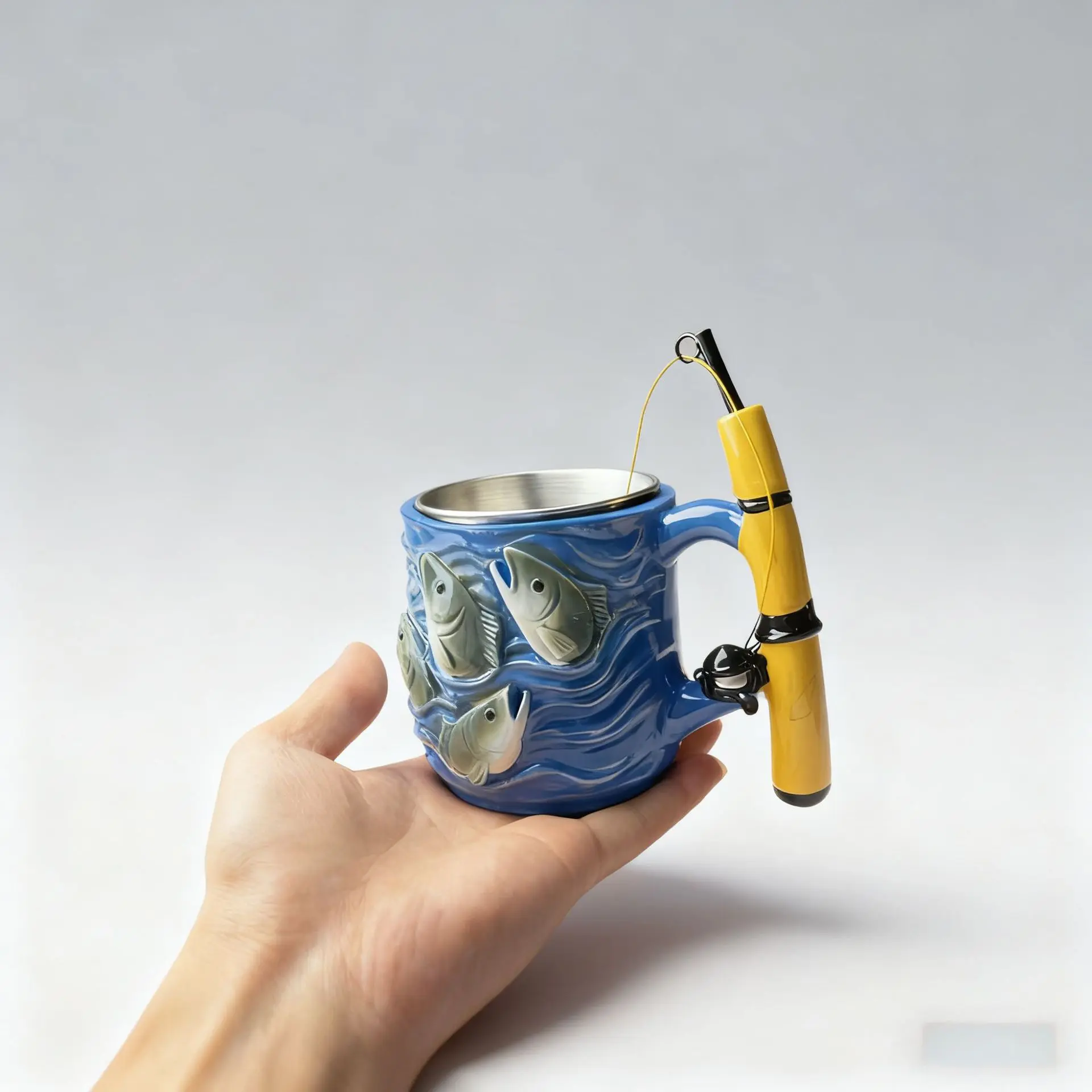Unique Fishing Themed Resin Mini Mug with Inner Liner - Novelty Espresso & Shot Cup Gift