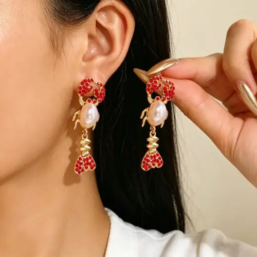 Geometric Lobster Pearl Inlay Drop Earrings – Chic Coastal Statement Jewelry for Women