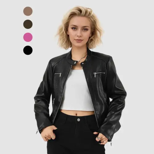 Women's Faux Leather Biker Jacket – Slim Fit Zip-Up Moto Jacket