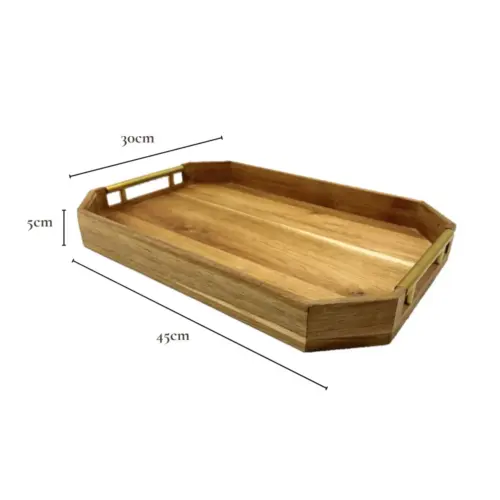 Modern Acacia Wood Serving Tray with Stainless Steel Handles – Beveled Octagonal Decorative Tray for Breakfast, Coffee, and Entertaining