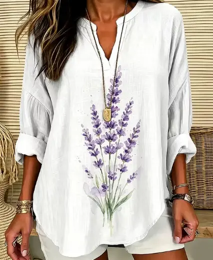 Women's Vintage Lavender Print Cotton Blouse - Casual Notch V-Neck Long Sleeve Tunic Top