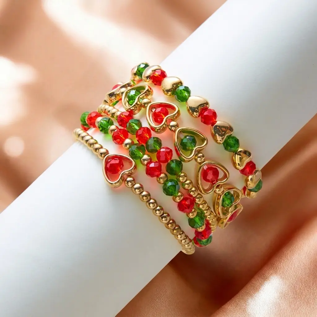 Festive Christmas Beaded Bracelet Set for Women - Handmade Crystal Holiday Jewelry