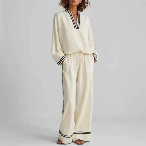 Women's Casual Färg-Block 2-Piece Lounge Set - V-Neck Long Sleeve Top & Wide-Leg Pants