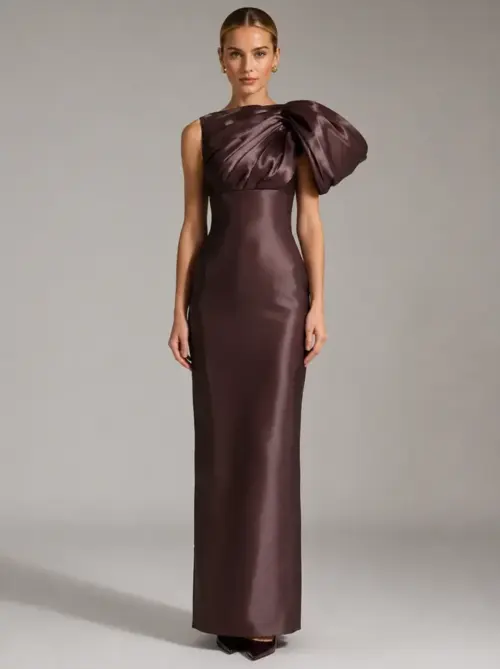 Burgundy One-Shoulder Bow Satin Column Maxi Dress - Formal Evening & Gala Gown