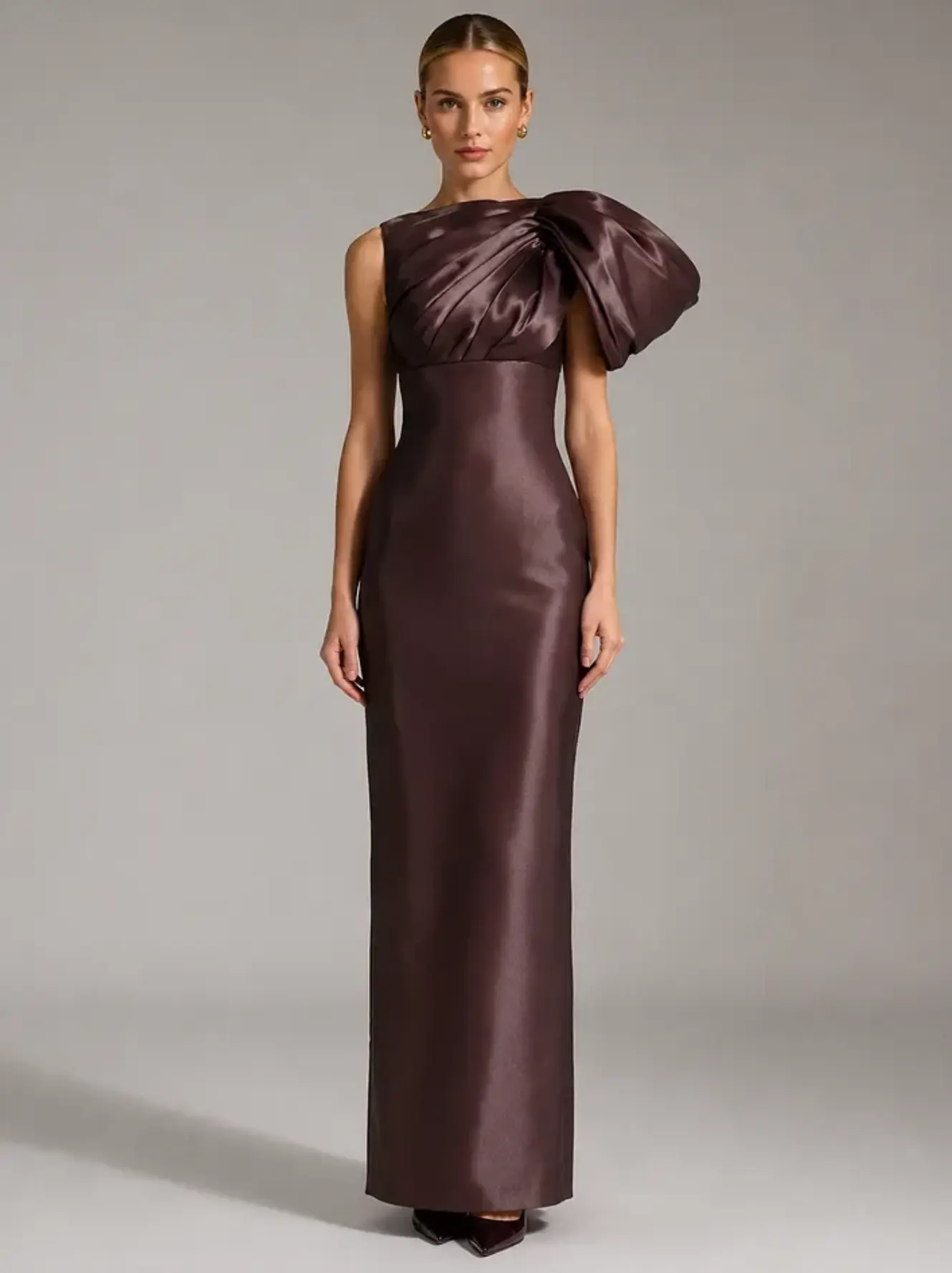 Burgundy One-Shoulder Bow Satin Column Maxi Dress - Formal Evening & Gala Gown