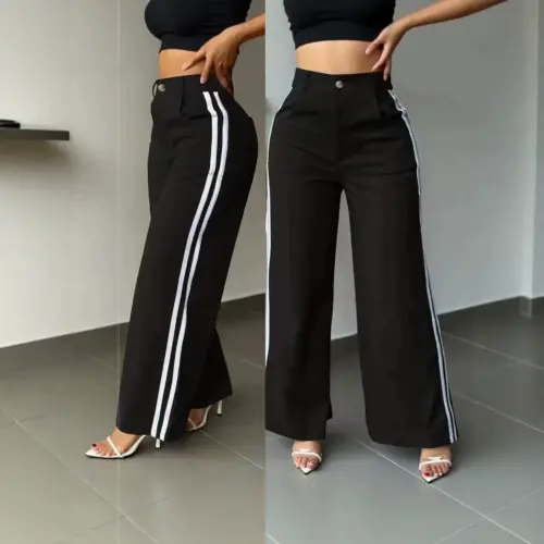 Women's High-Waisted Side-Striped Wide-Leg Pants | Casual Lightweight Straight-Leg Trousers