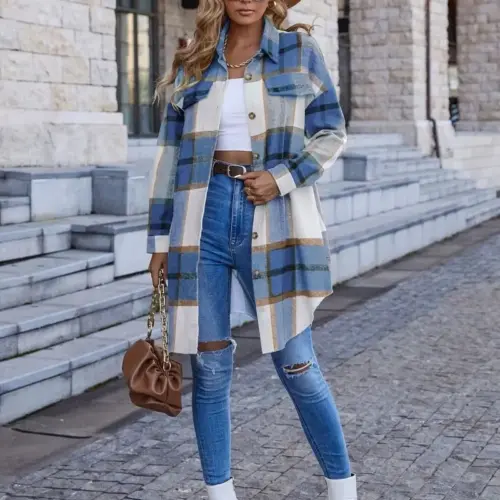 Women's Casual Plaid Button-Down Shacket – Long Sleeve Checked Shirt Jacket in Blue