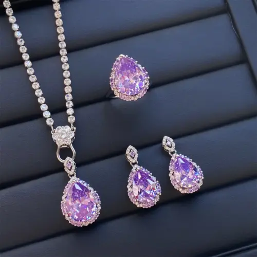 Luxury Simulated Amethyst Jewelry Set - Sparkling Ice Flower Zircon Pendant Necklace, Adjustable Open Ring & Drop Earrings for Women