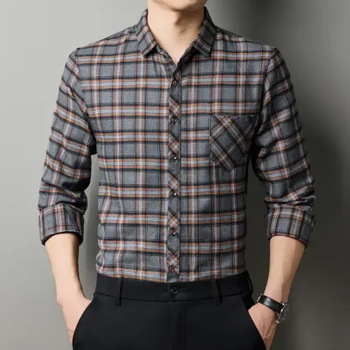 Men's Classic Plaid Long-Sleeve Button-Down Shirt – Wrinkle-Resistant Business Casual Cotton Blend