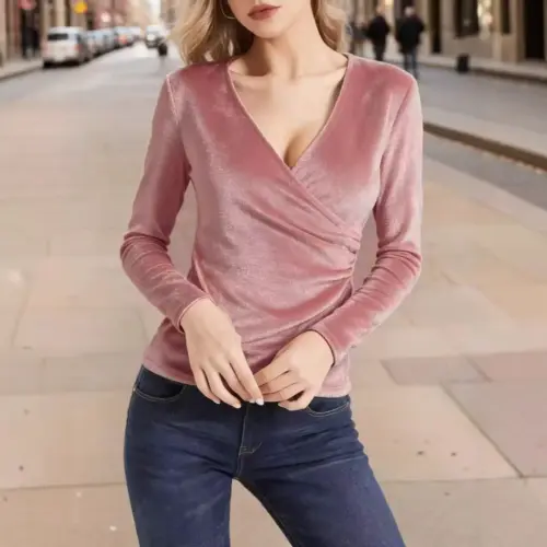 Women's Elegant Cross V-Neck Pleated Velvet Top - Slim Fit Pullover Blouse