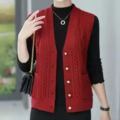Women's Cable Knit V-Neck Sweater Vest - Button-Front Sleeveless Knit Cardigan Top