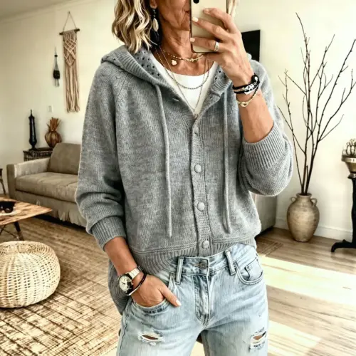 Women's Cozy Hooded Knit Cardigan Sweater - Casual Button-Down Long Sleeve Jacket with Pockets