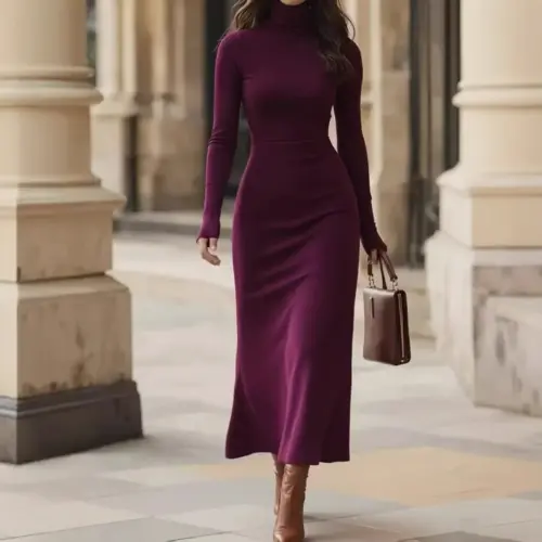 Women's Elegant Turtleneck Slim-Fit Midi Dress - Long Sleeve Bodycon Commuter Dress