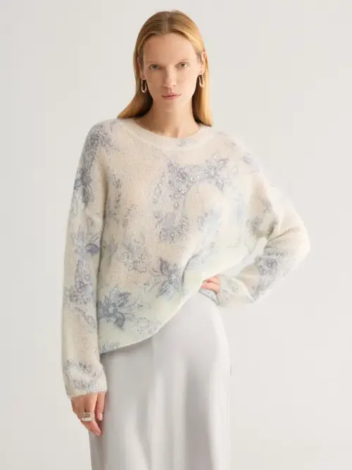 Floral Rhinestone Mohair & Wool Blend Pullover Sweater in Off-White & Blue