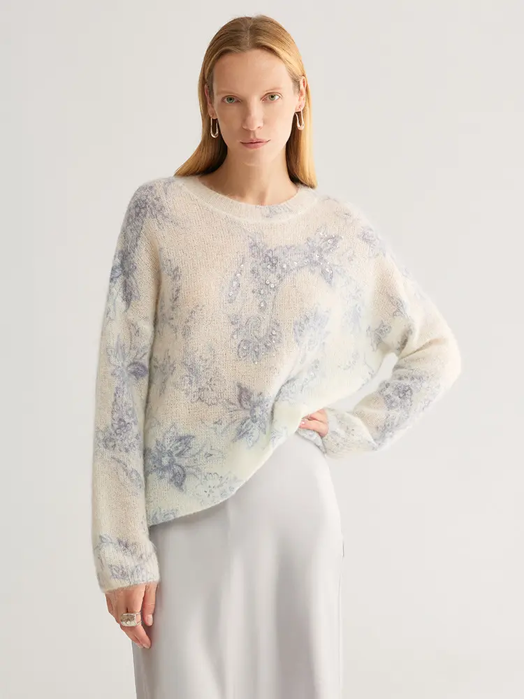 Floral Rhinestone Mohair & Wool Blend Pullover Sweater in Off-White & Blue