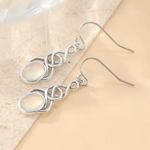 Vintage Celtic Knot Drop Earrings – Boho Silver-Tone Oval Stone Statement Jewelry for Women