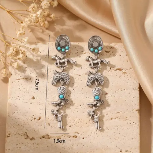 Western Turquoise Cowboy Hat Dangle Earrings – Bohemian Cowgirl Geometric Drop Jewelry for Women
