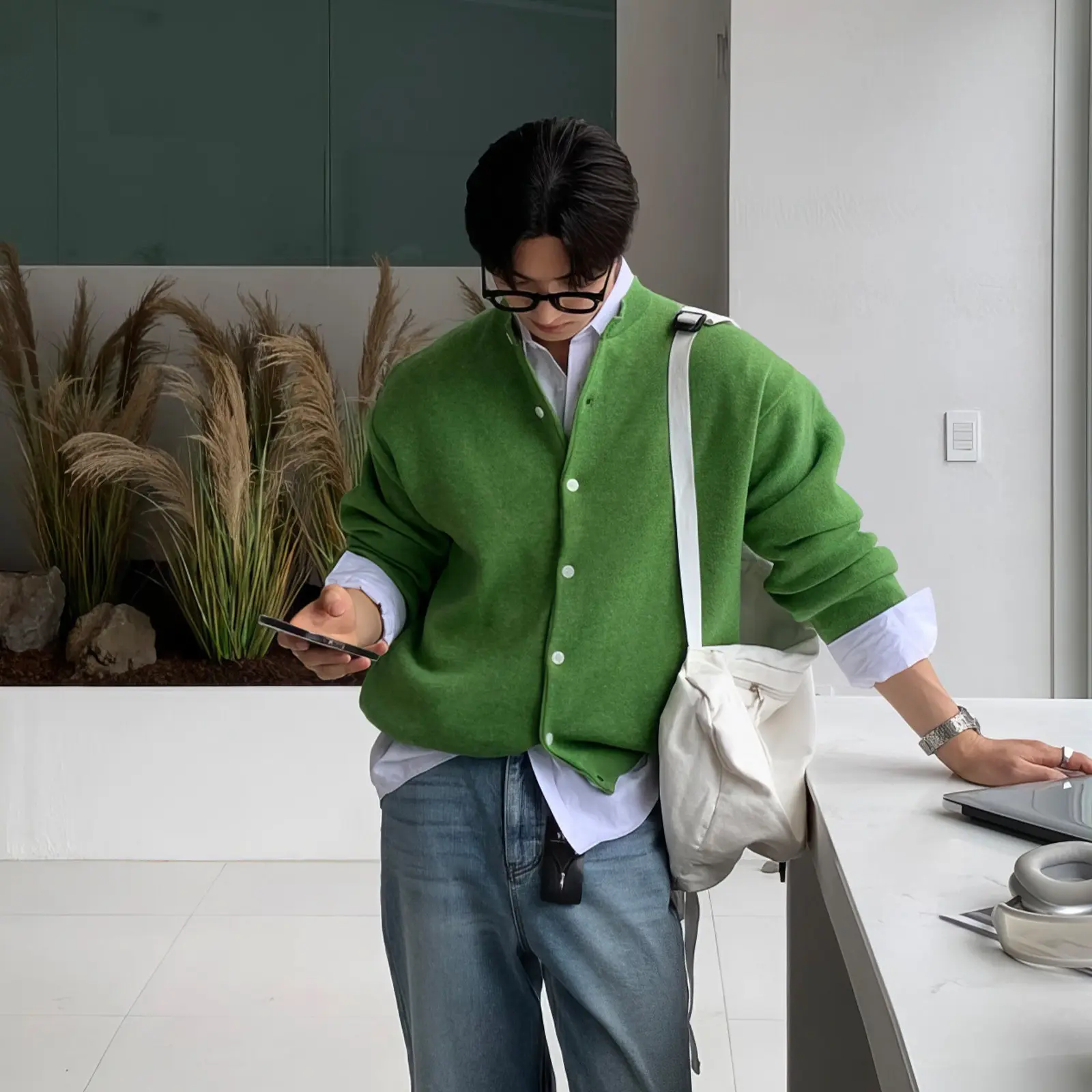Men's Korean Style Loose Fit Knit Sweater - Soft Wool Blend Long-Sleeve Jumper (Green)