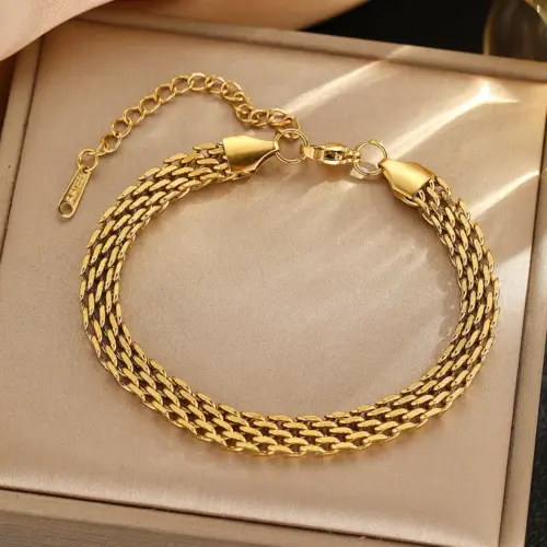 18K Gold Plated Stainless Steel Braided Chain Bracelet - Unisex Waterproof Geometric Statement Jewelry