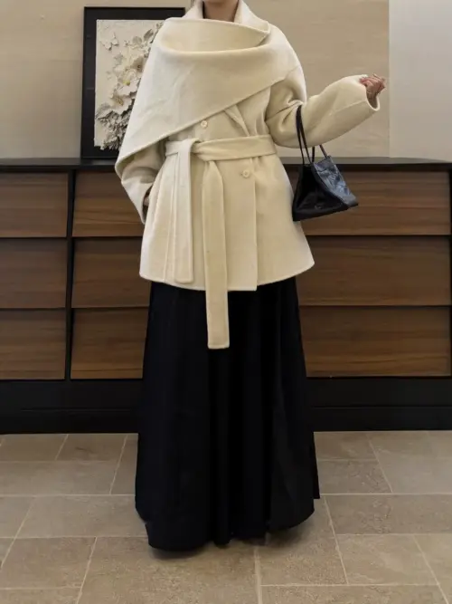 Cream White Asymmetric Cape Collar Wool-Blend Belted Short Coat