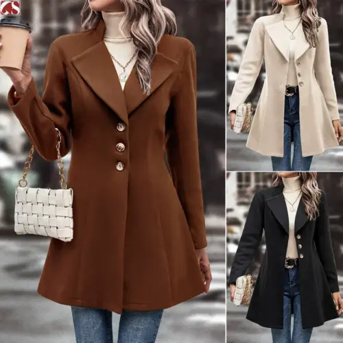 Women's Elegant Slim-Fit Woolen Lapel Coat – Classic Autumn & Winter Overcoat
