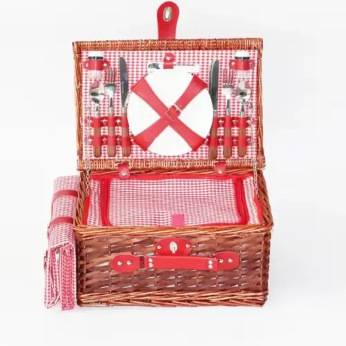 Handcrafted Wicker Picnic Basket with Lid & Classic Red Plaid Lining – Vintage Outdoor Dining & Storage Hamper