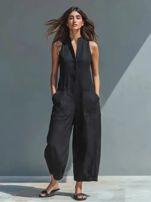 Women's Casual Linen-Style Sleeveless Jumpsuit - Relaxed Fit Button-Down Stand Collar Romper