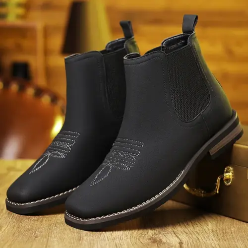 Men's Retro Western Embroidered Chelsea Boots - Square Toe Slip-On Ankle Boots