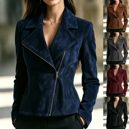 Women's Faux Suede Moto Jacket - Slim-Fit Asymmetric Zipper Short Coat with Lapel Collar