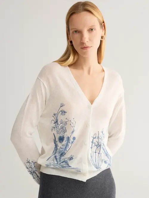 Botanical Floral Embroidered V-Neck Cardigan – Soft Wool Blend Knit Sweater