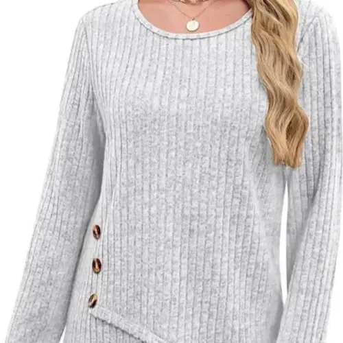 Women's Elegant Slim-Fit Knit Sweater – Long Sleeve Crewneck Pullover with Button Details