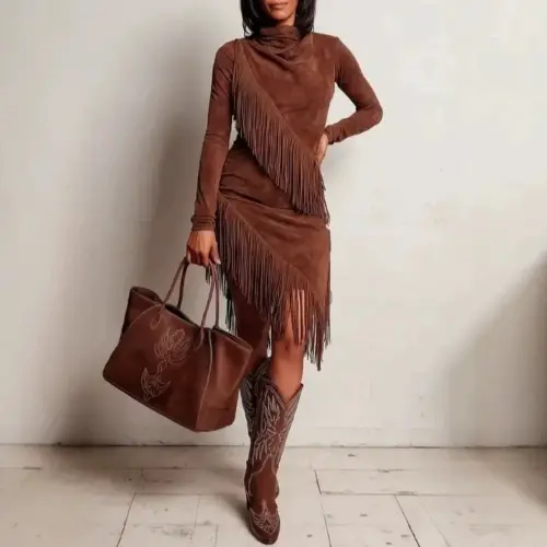 Women's Western Suede Fringe Midi Dress – Retro High-Neck Long Sleeve Cowboy Style