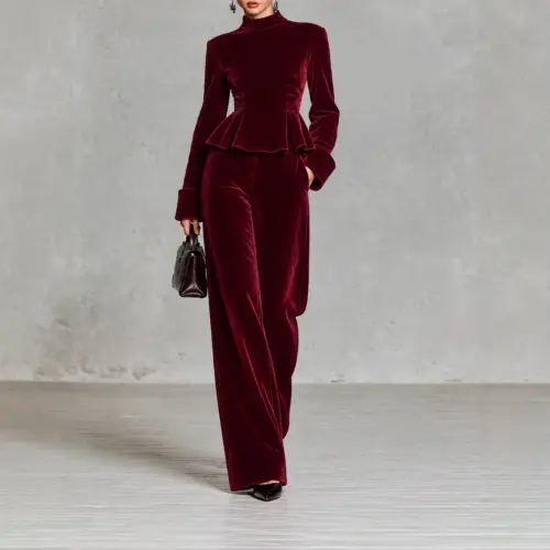 Women's Elegant Velvet 2-Piece Lounge Set - Ruffle-Trim Long-Sleeve Top and Wide-Leg Pants