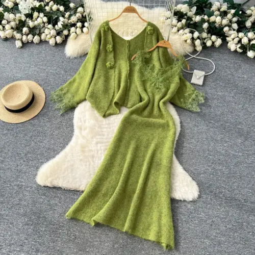 Elegant Women's 2-Piece Knitted Dress and 3D Floral Long-Sleeve Coat Set