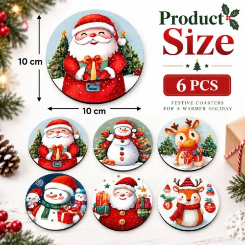 Festive Christmas Wooden Drink Coasters (Set of 6) – Rustic Holiday Table Décor & Drink Mats