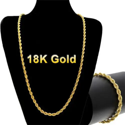 18K Gold Plated Twisted Rope Chain Necklace (4mm) – Unisex Stainless Steel Everyday Jewelry
