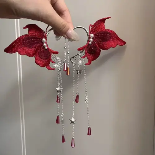Elegant Red Butterfly Tassel Ear Hook Clip Earrings for Women | Sweet & Cool Statement Jewelry